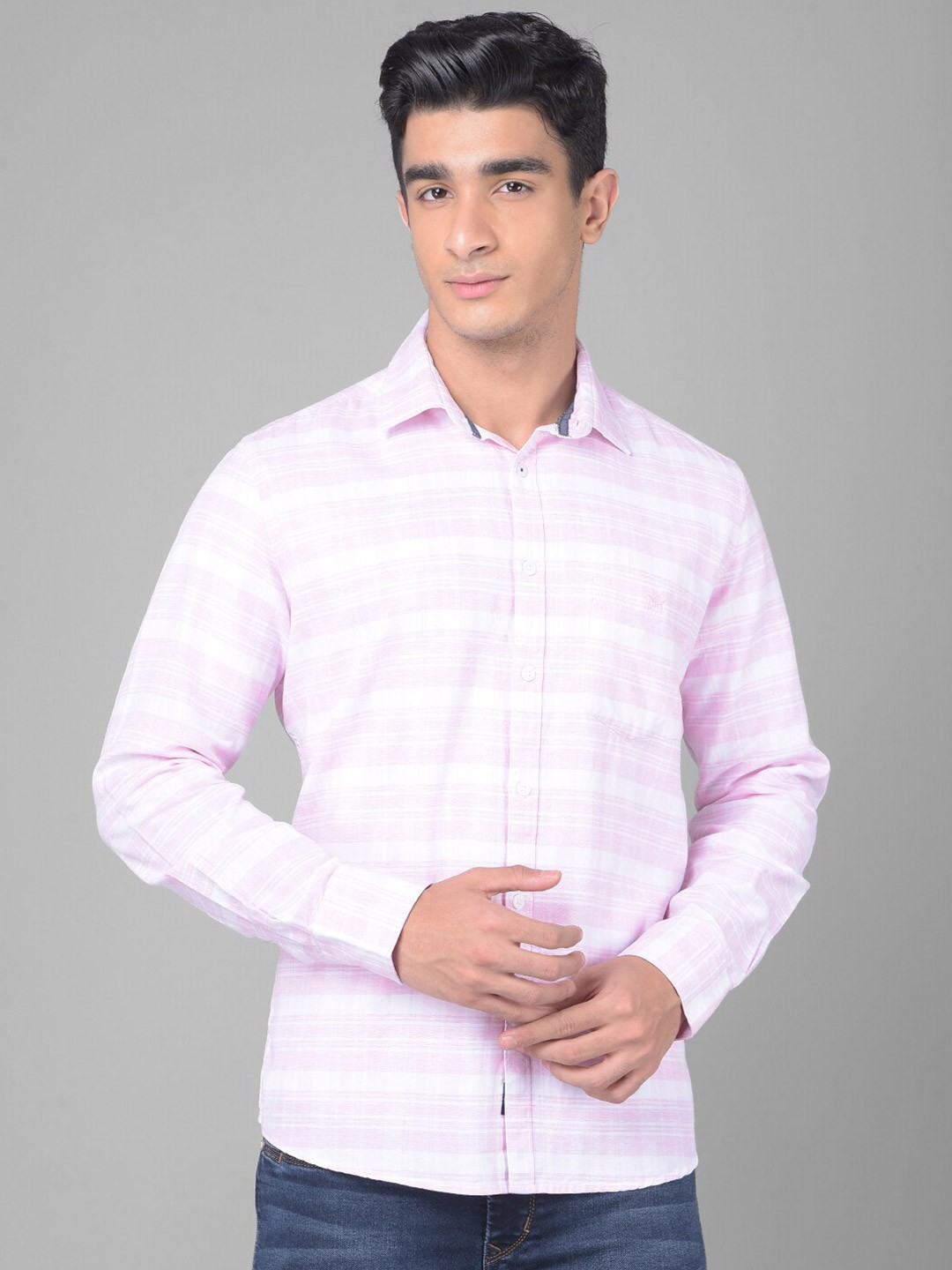 

Crimsoune Club Slim Fit Horizontal Striped Pure Cotton Casual Shirt, Pink