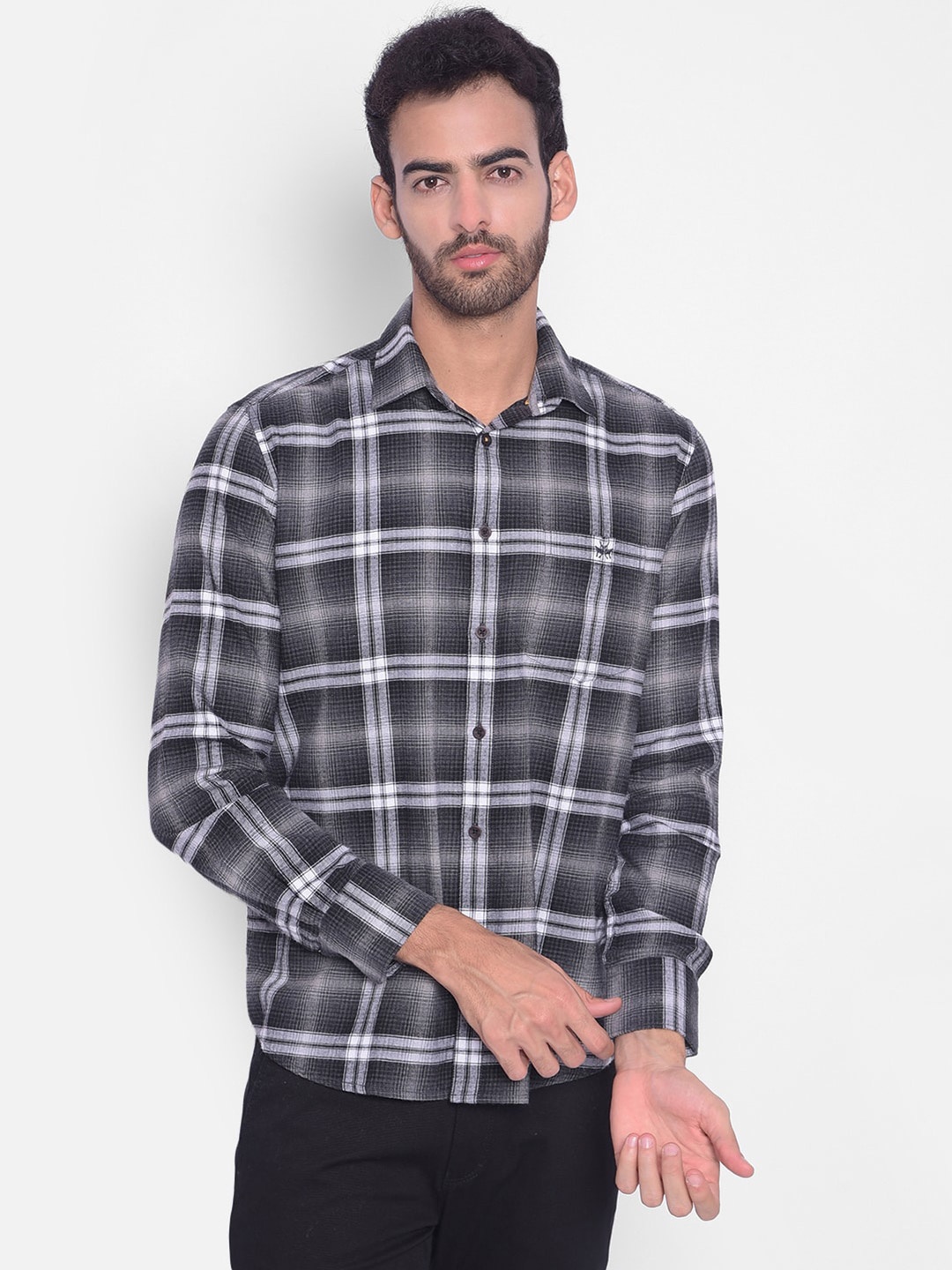 

Crimsoune Club Slim Fit Gingham Checked Pure Cotton Casual Shirt, Grey