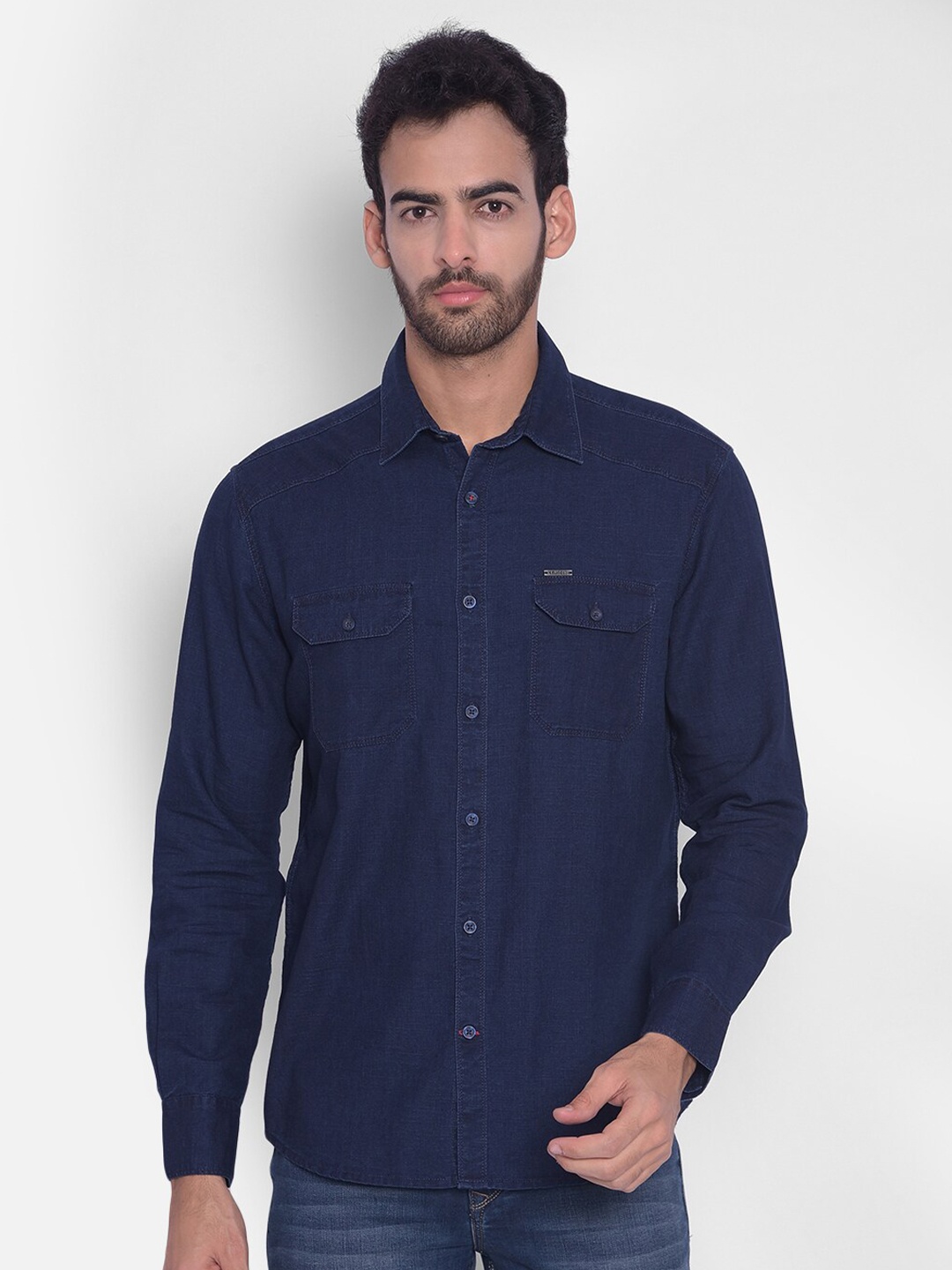 

Crimsoune Club Slim Fit Spread Collar Pure Cotton Casual Shirt, Navy blue