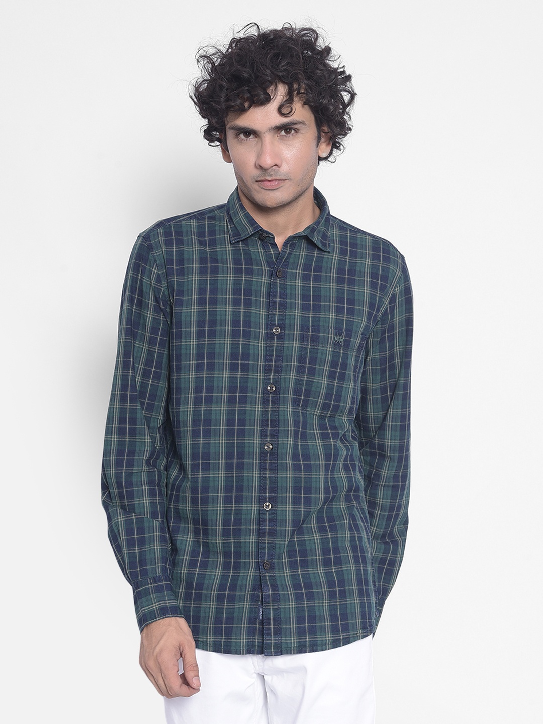

Crimsoune Club Slim Fit Tartan Checked Pure Cotton Casual Shirt, Navy blue