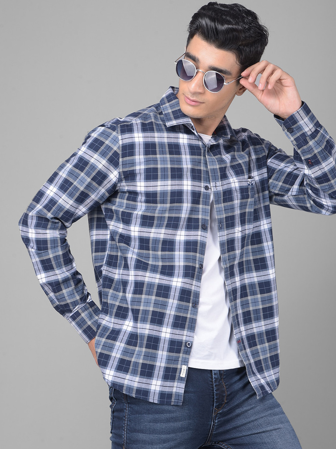 

Crimsoune Club Slim Fit Tartan Checked Pure Cotton Casual Shirt, Navy blue