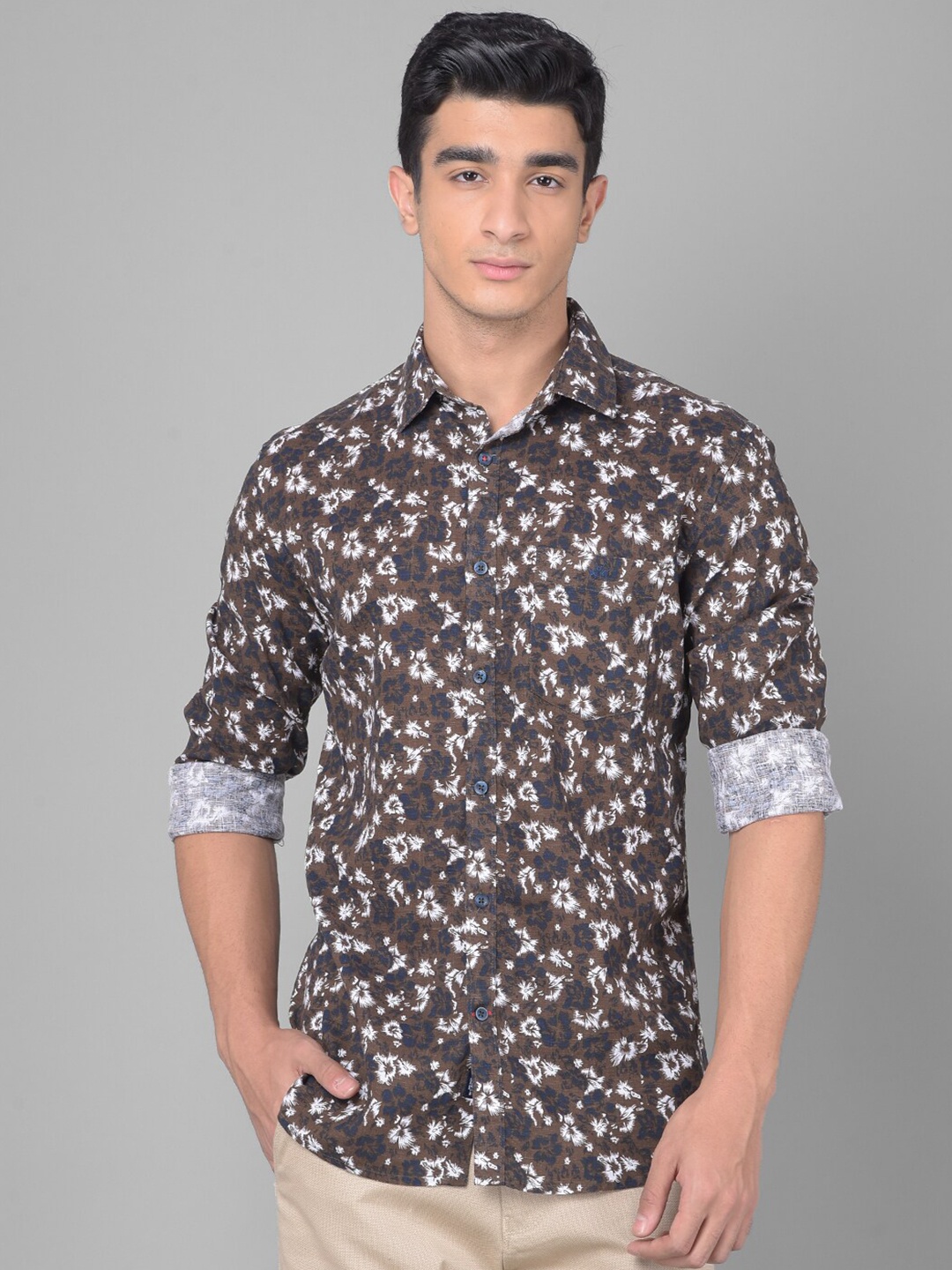 

Crimsoune Club Slim Fit Floral Printed Casual Shirt, Brown