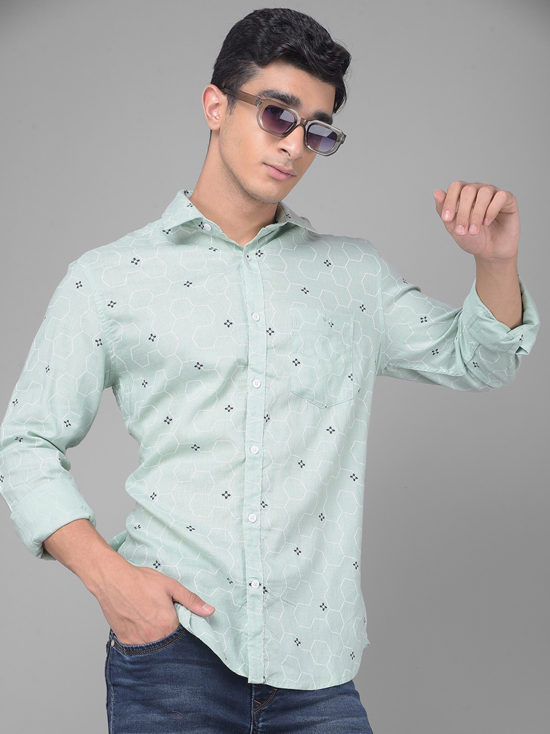 

Crimsoune Club Slim Fit Geometric Printed Casual Shirt, Sea green