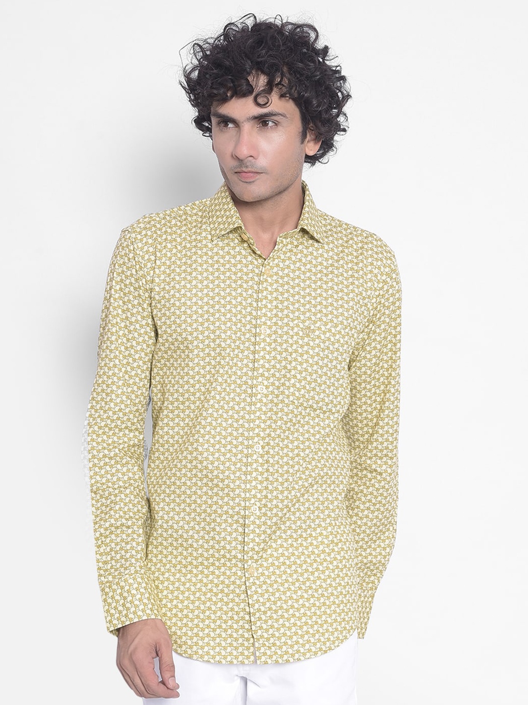 

Crimsoune Club Slim Fit Printed Pure Cotton Casual Shirt, Olive