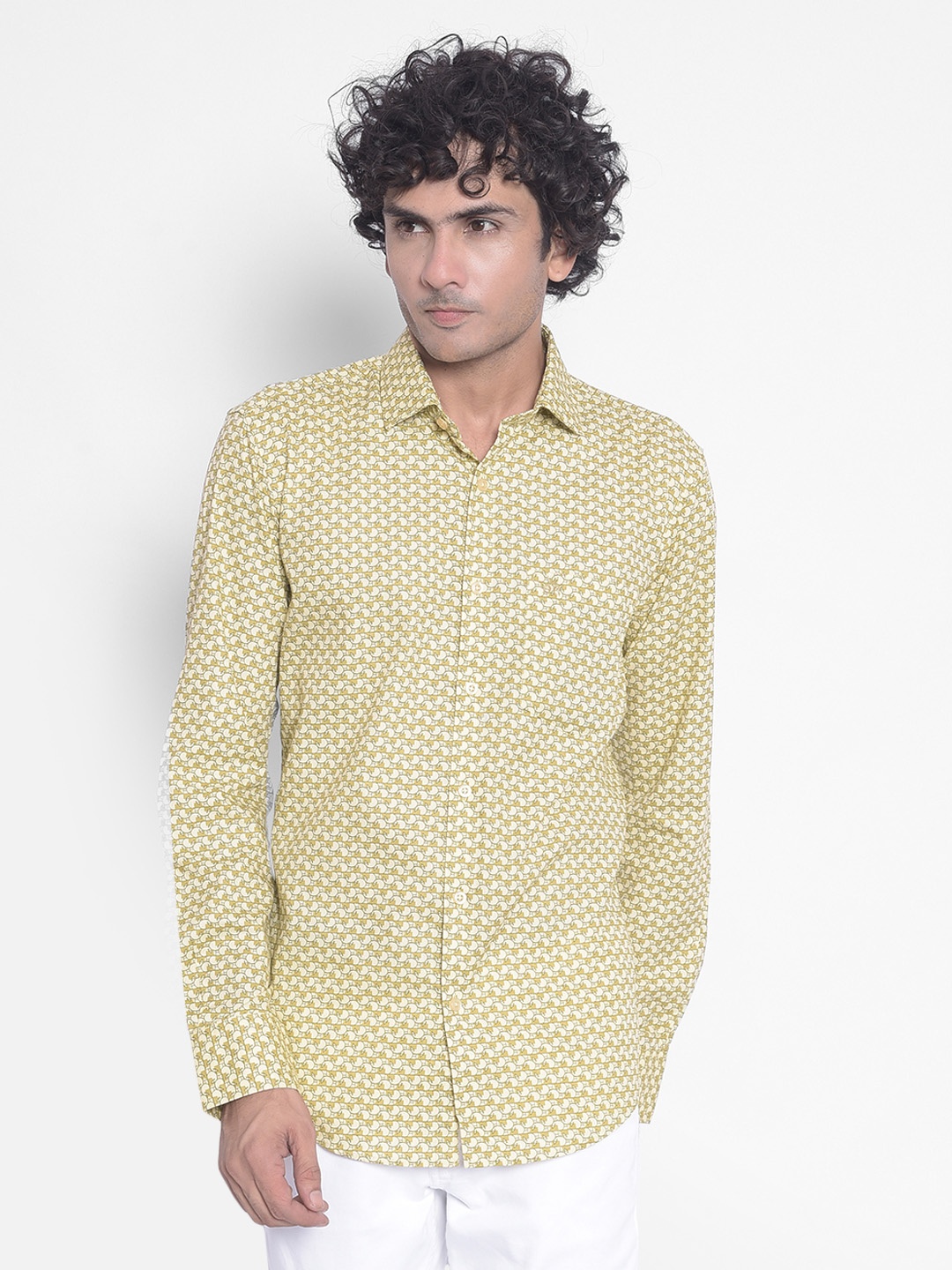

Crimsoune Club Slim Fit Printed Pure Cotton Casual Shirt, Olive