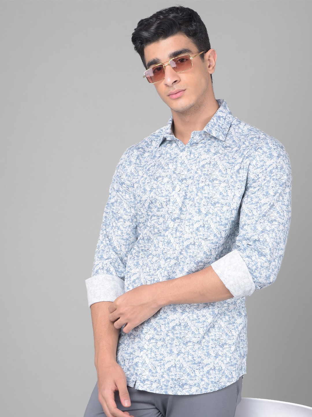 

Crimsoune Club Slim Fit Floral Printed Pure Cotton Casual Shirt, Blue