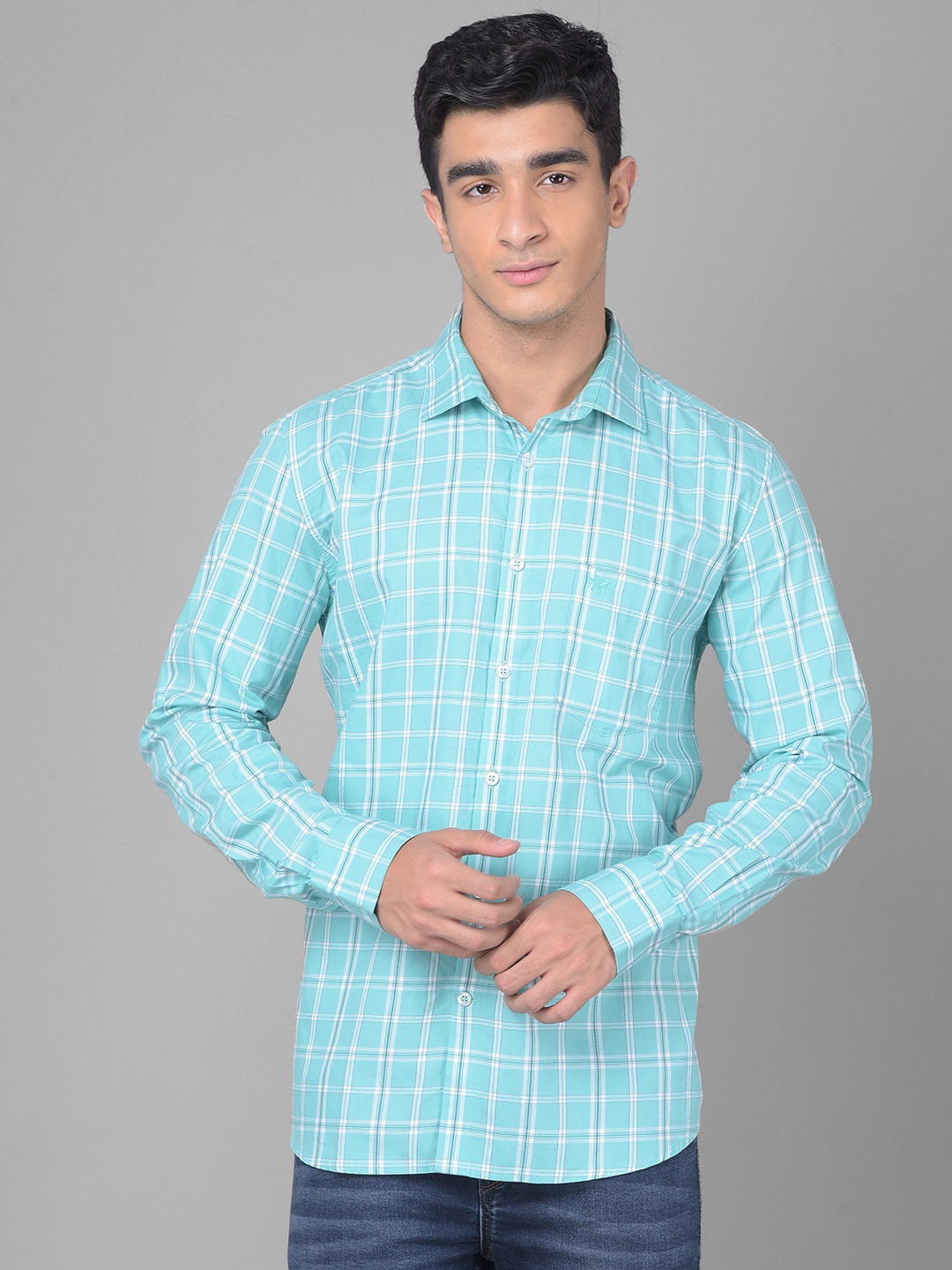 

Crimsoune Club Slim Fit Grid Tattersall Checked Pure Cotton Casual Shirt, Green