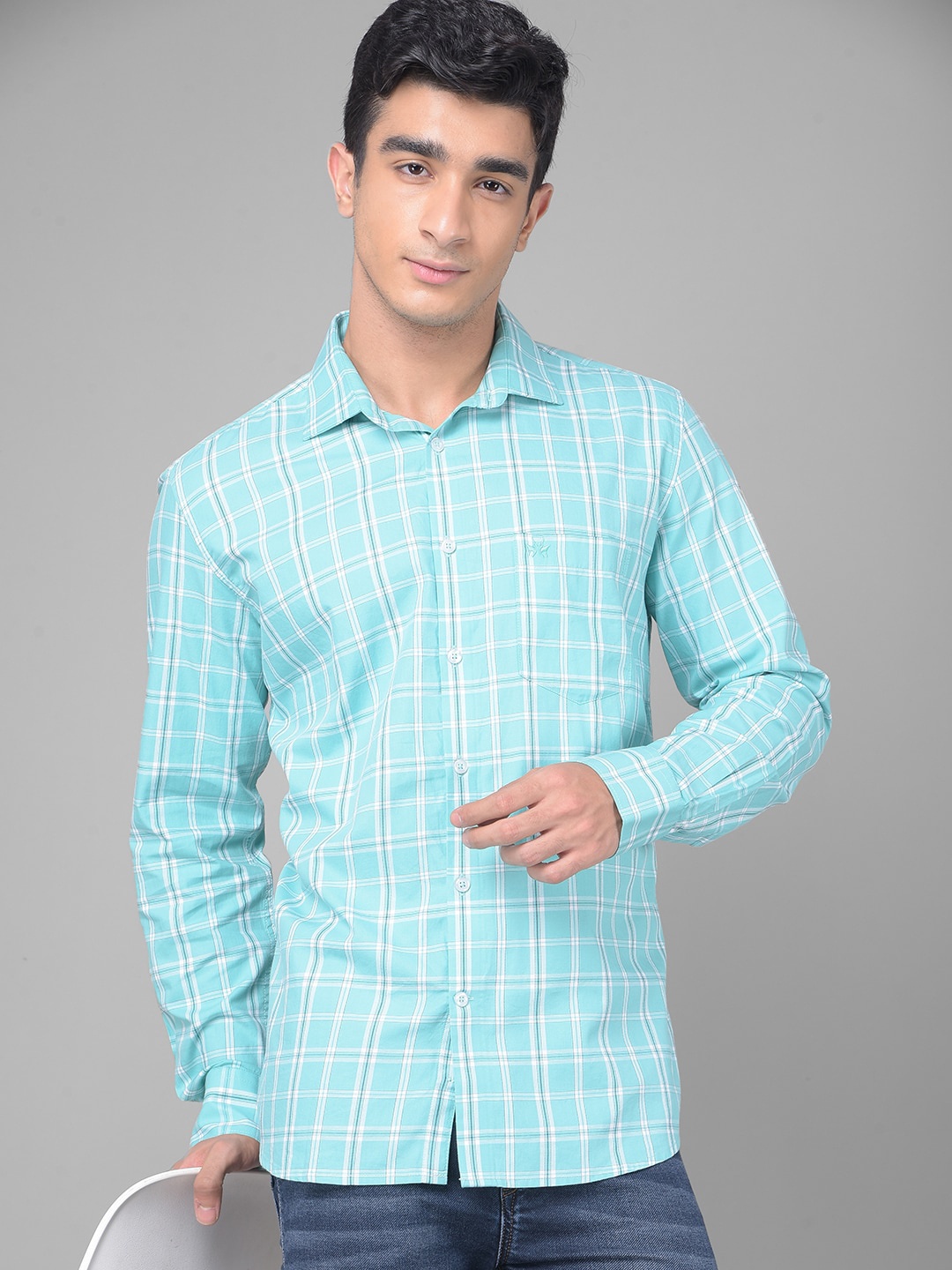 

Crimsoune Club Slim Fit Grid Tattersall Checked Pure Cotton Casual Shirt, Green