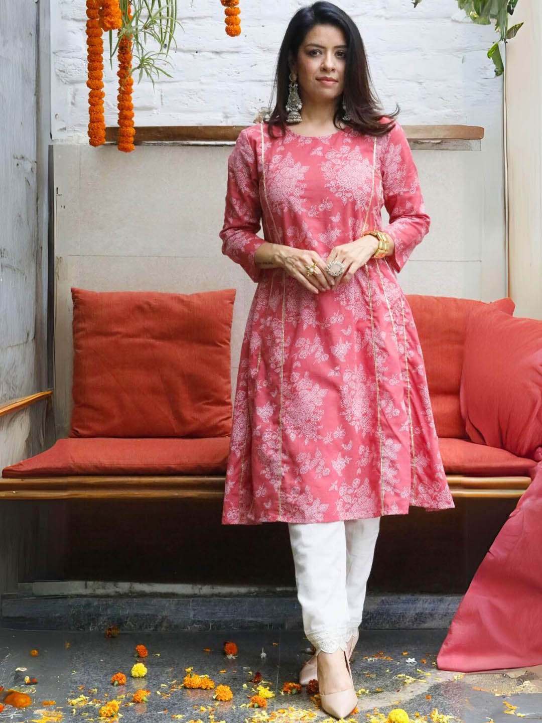 

FABNEST Floral Printed Gotta Patti Pure Cotton A Line Kurta With Trousers, Pink