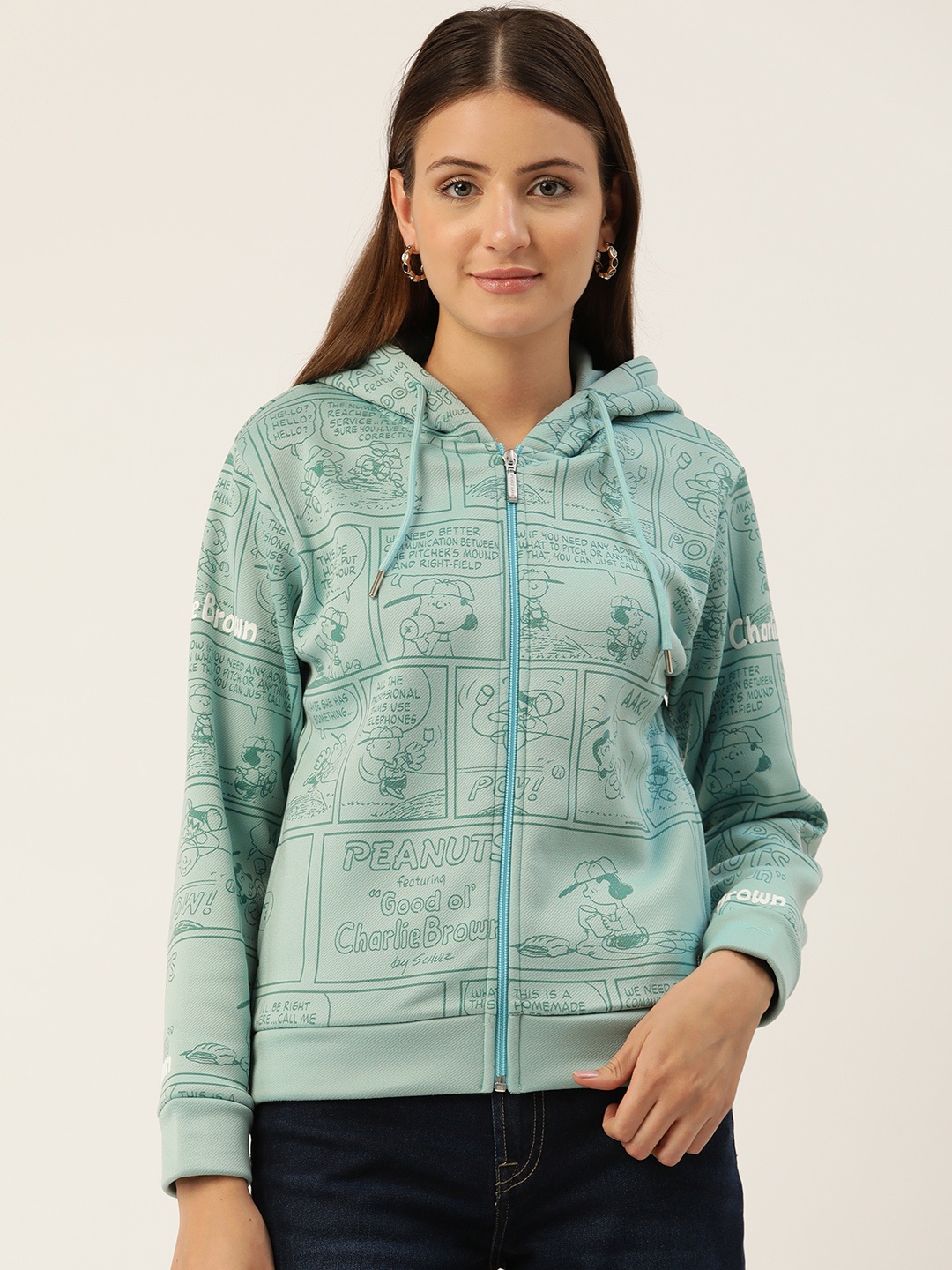 

Monte Carlo Charlie Brown Printed Hooded Front-Open Sweatshirt, Green