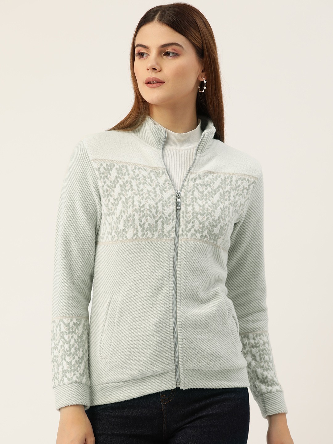 

Monte Carlo Geometric Self Design Mock Collar Front-Open Sweatshirt, White