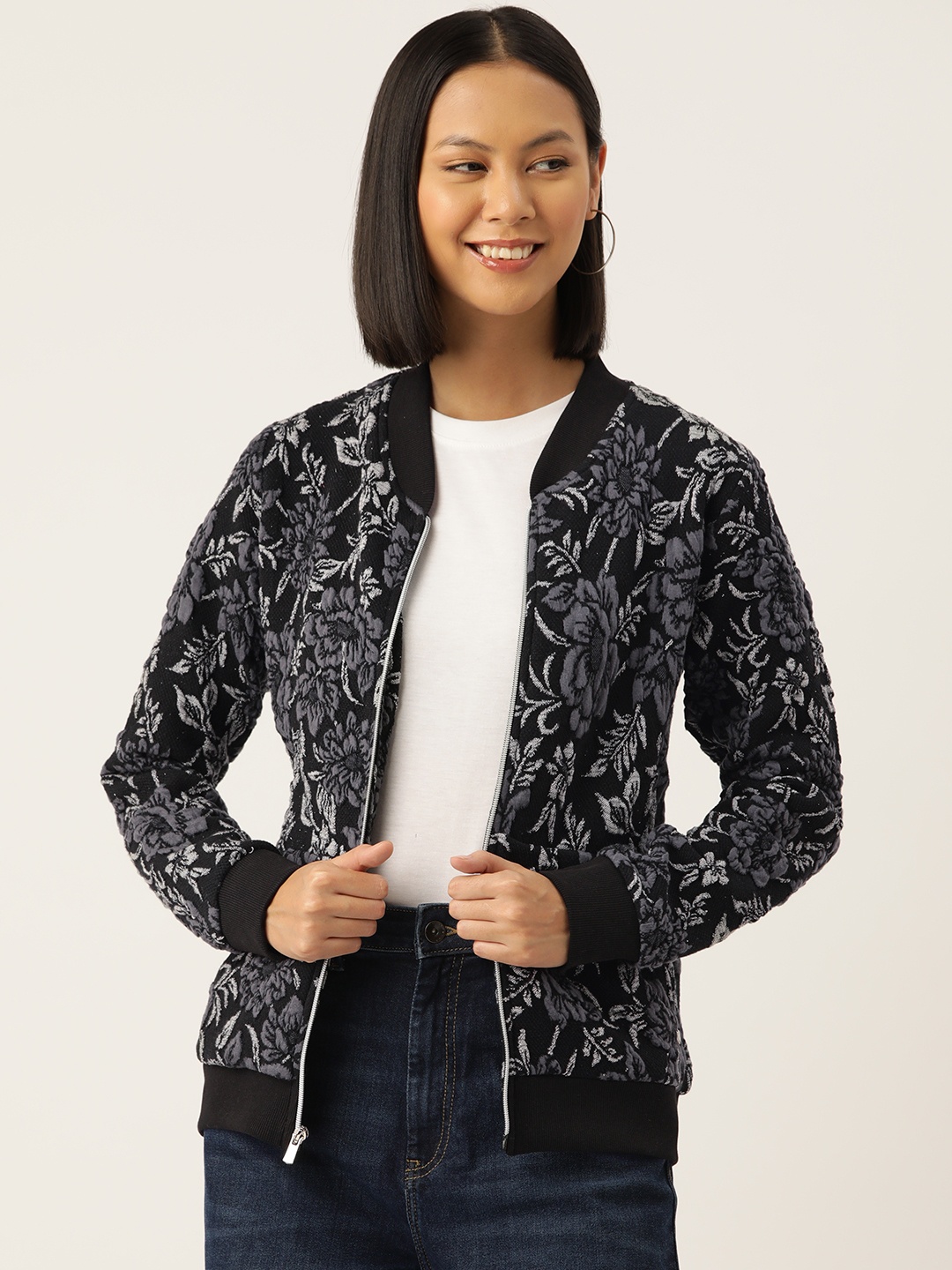 

Monte Carlo Women Floral Self Design Hooded Sweatshirt, Black