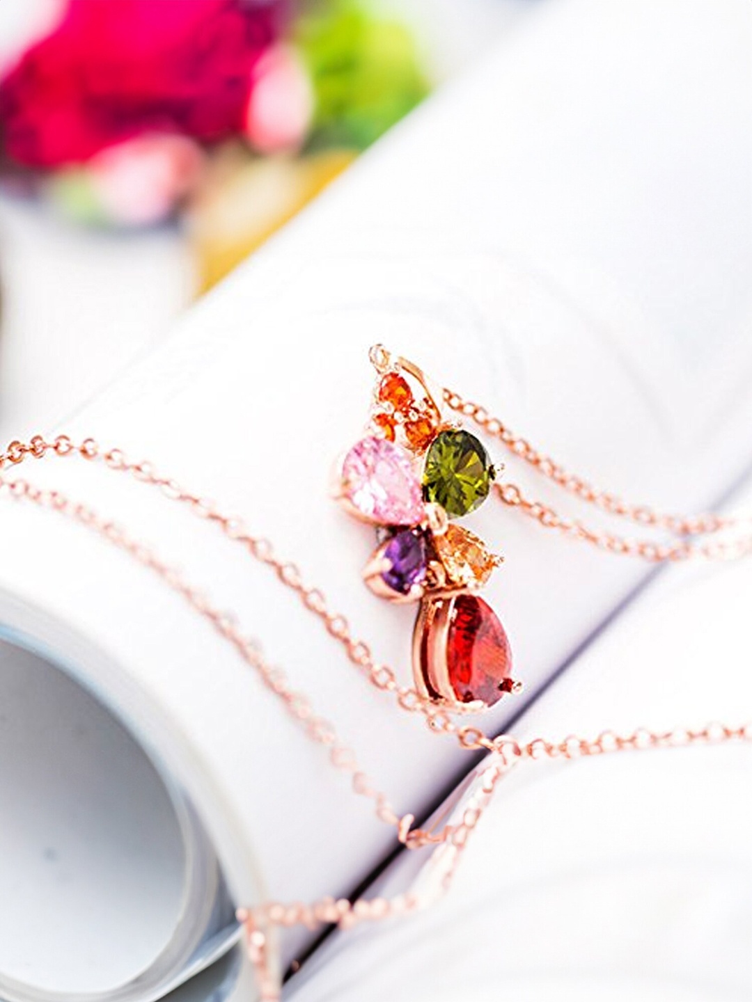 

Yellow Chimes Rose Gold-Plated Butterfly Flower Cubic Zircon Pendant With Chain, Multi