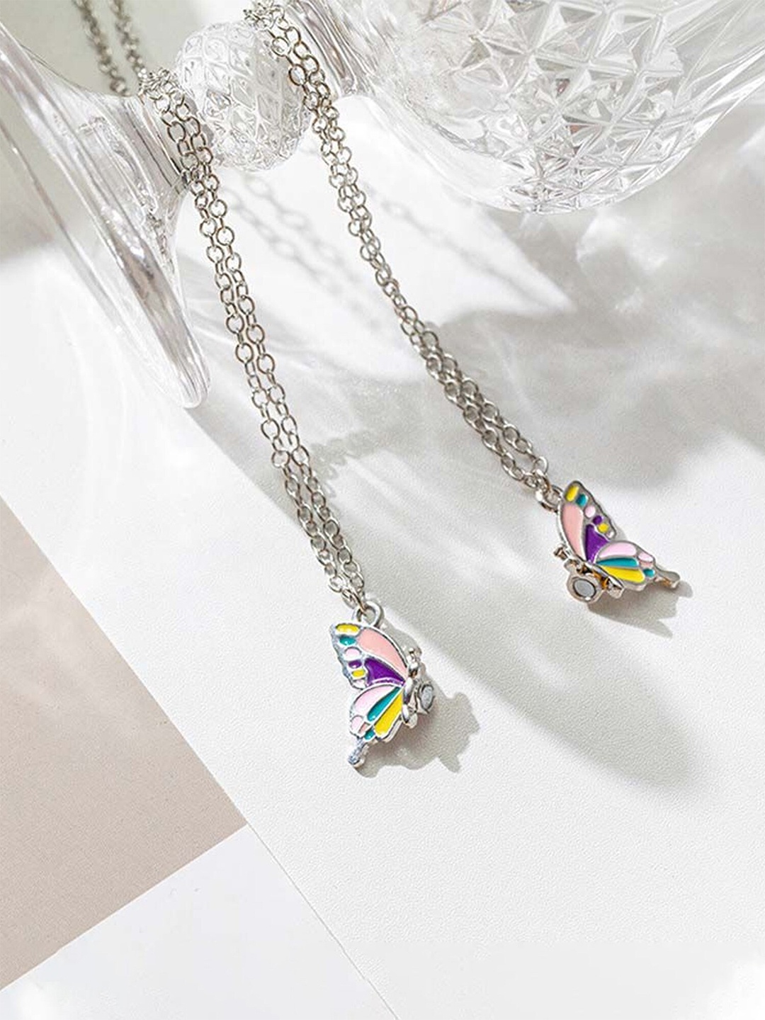 

Yellow Chimes Girls Set Of 2 Butterfly Charm Pendant & Chain, Silver