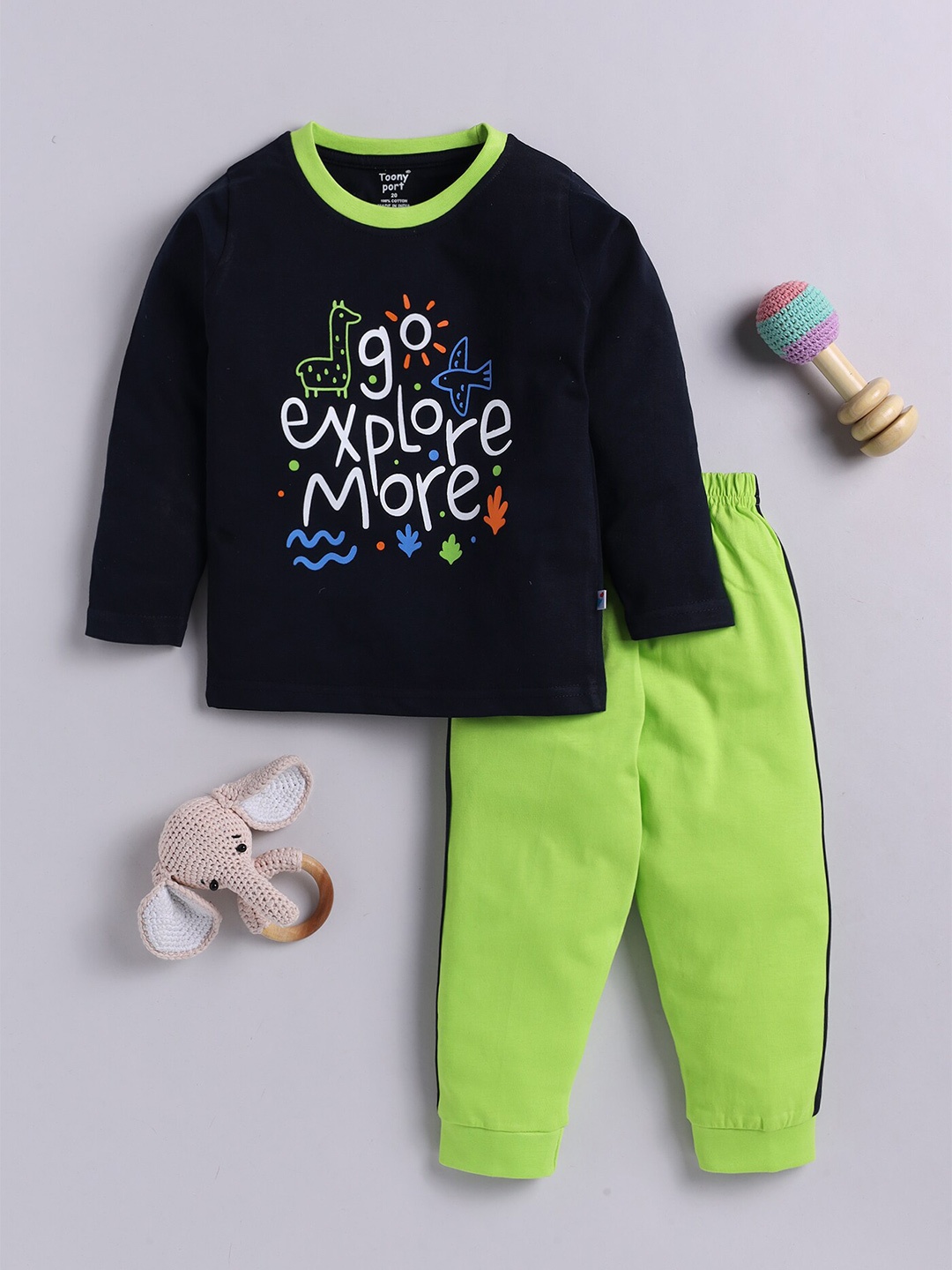 

Toonyport Kids Typography Printed Pure Cotton T-shirt With Trousers, Navy blue