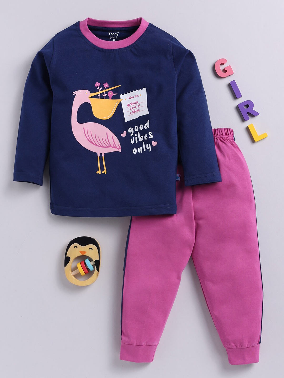 

Toonyport Kids Graphic Printed Pure Cotton T-shirt With Trousers, Navy blue