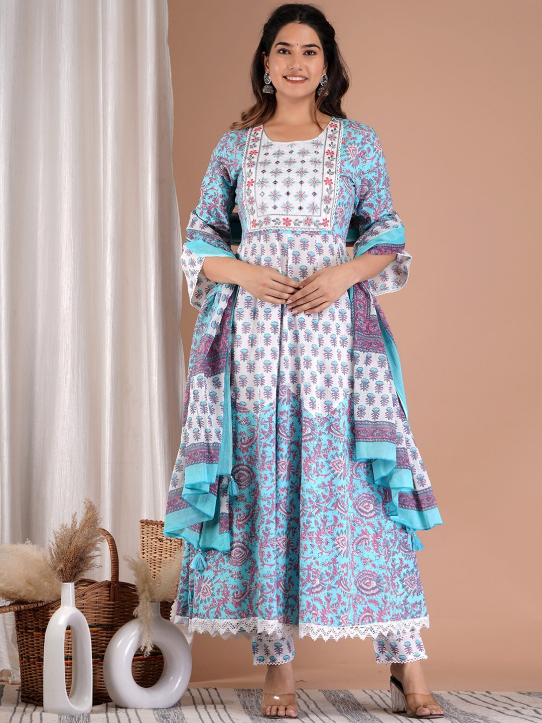 

AARYAHI Floral Printed Regular Thread Work Pure Cotton Kurta With Trousers & Dupatta, Blue