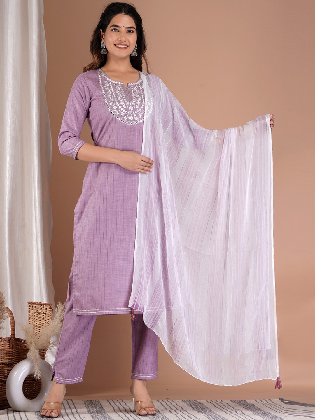 

AARYAHI Ethnic Motifs Yoke Design Regular Thread Work Cotton Kurta With Trousers & Dupatta, Purple