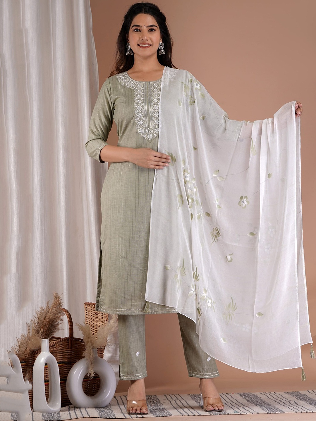 

AARYAHI Floral Yoke Design Thread Work Pure Cotton Kurta with Trousers & Dupatta, Green