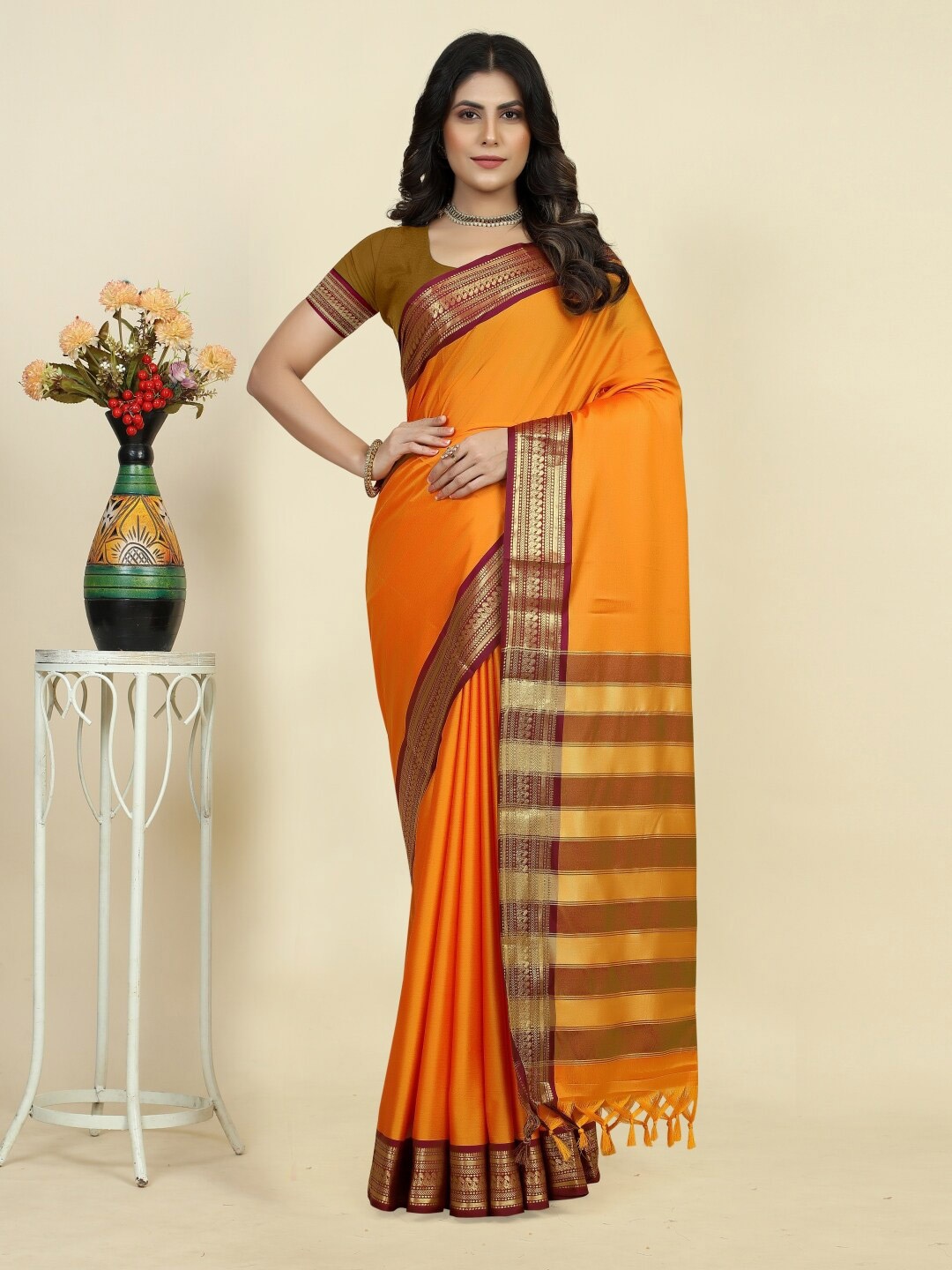 

Paramparik Textile Zari Silk Blend Paithani Saree, Orange