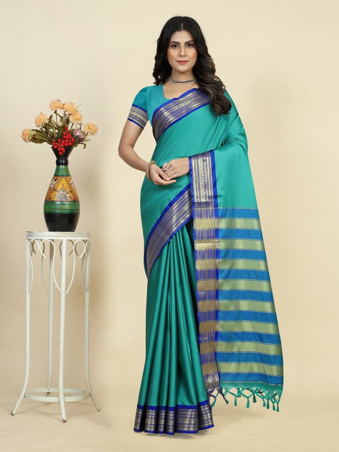 

Paramparik Textile Zari Silk Blend Paithani Saree, Turquoise blue