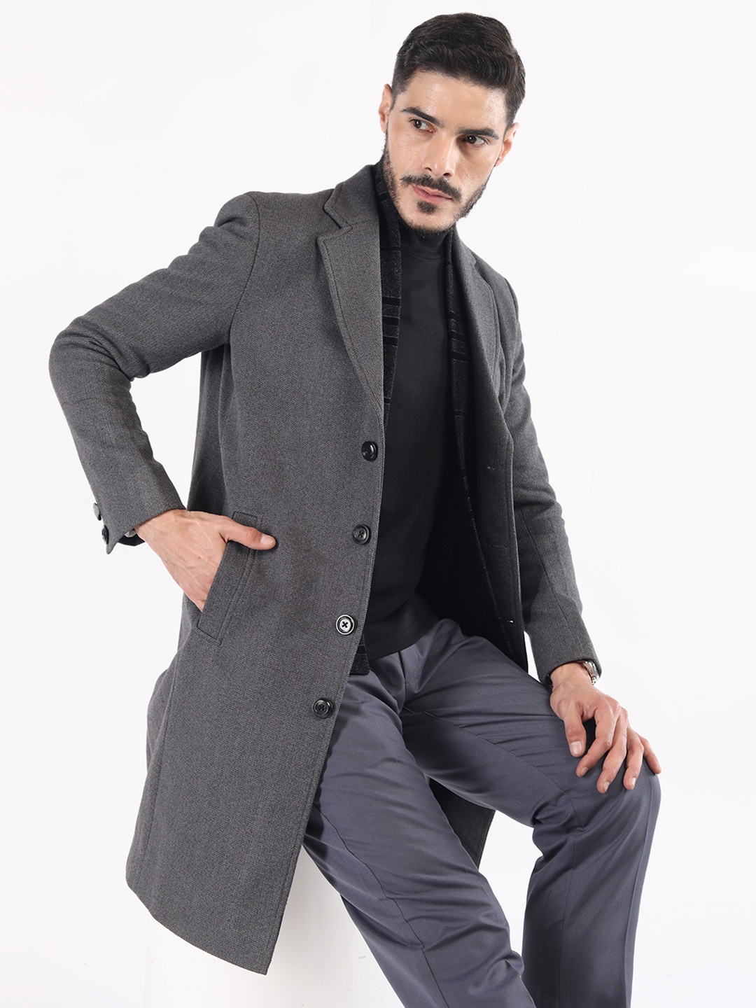 

LURE URBAN Single Breasted Knee Length Overcoat, Grey