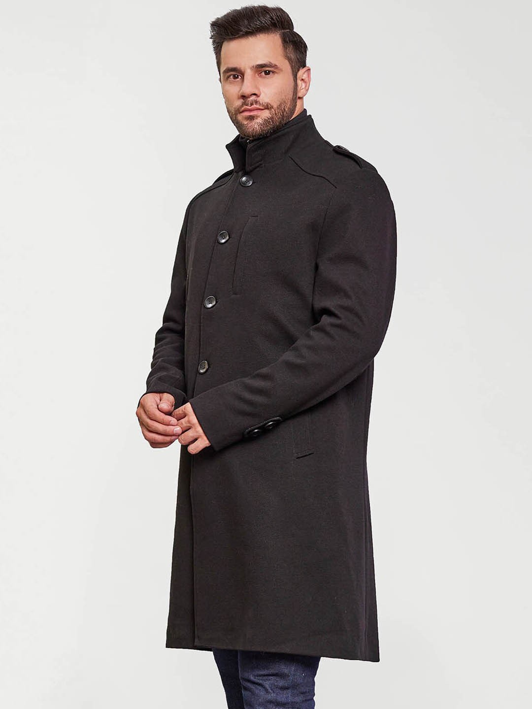 

LURE URBAN Single Breasted Knee Length Overcoat, Black