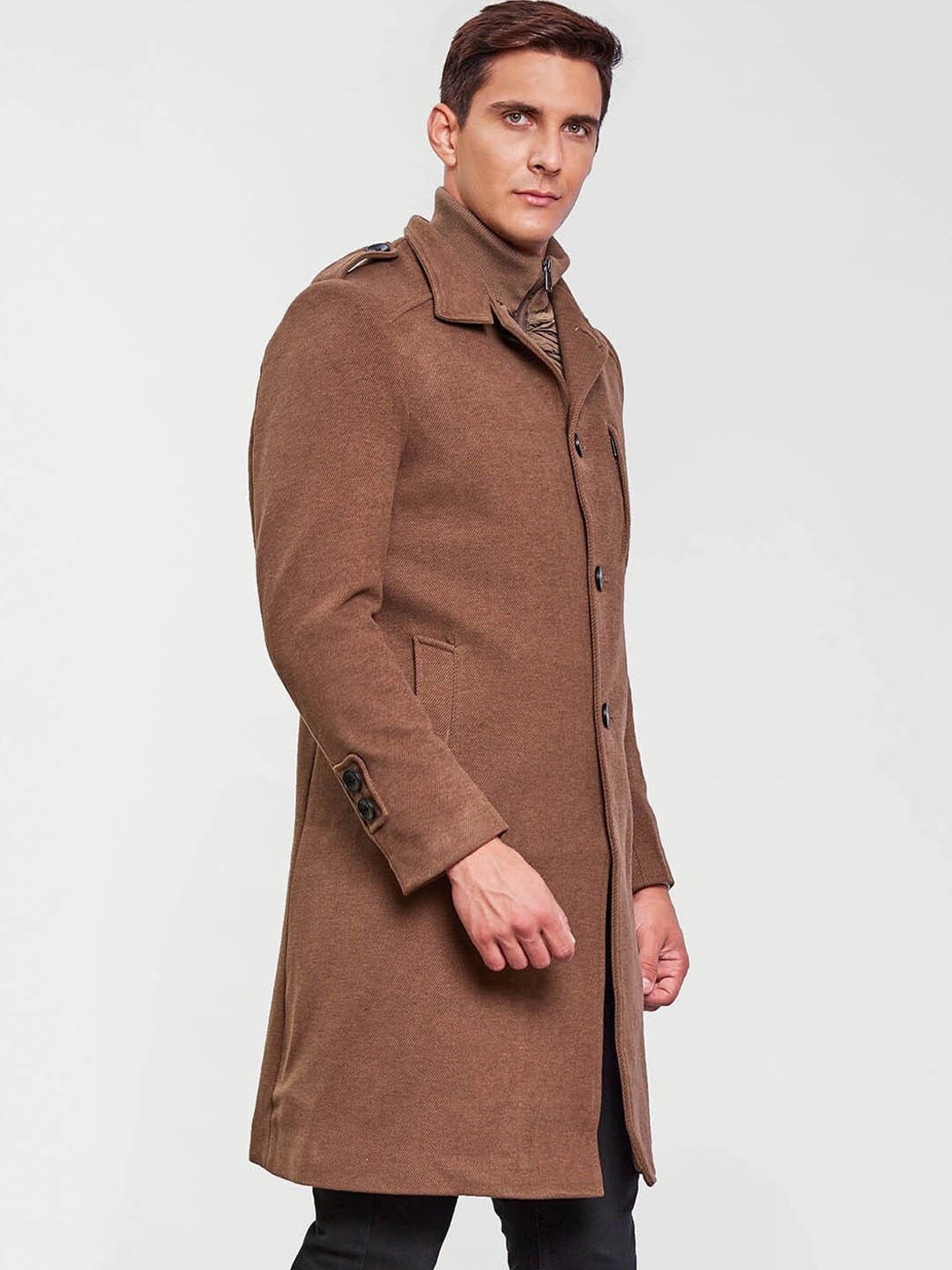 

LURE URBAN Single-Breasted Knee Length Overcoat, Brown