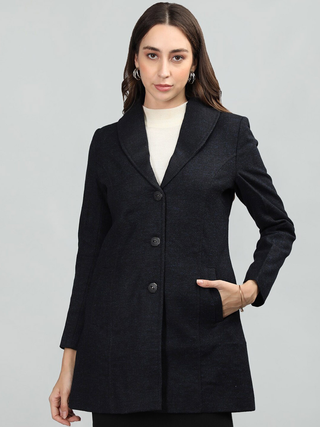 

LEBORK Single-Breasted Notched Lapel Collar Woolen Overcoat, Navy blue