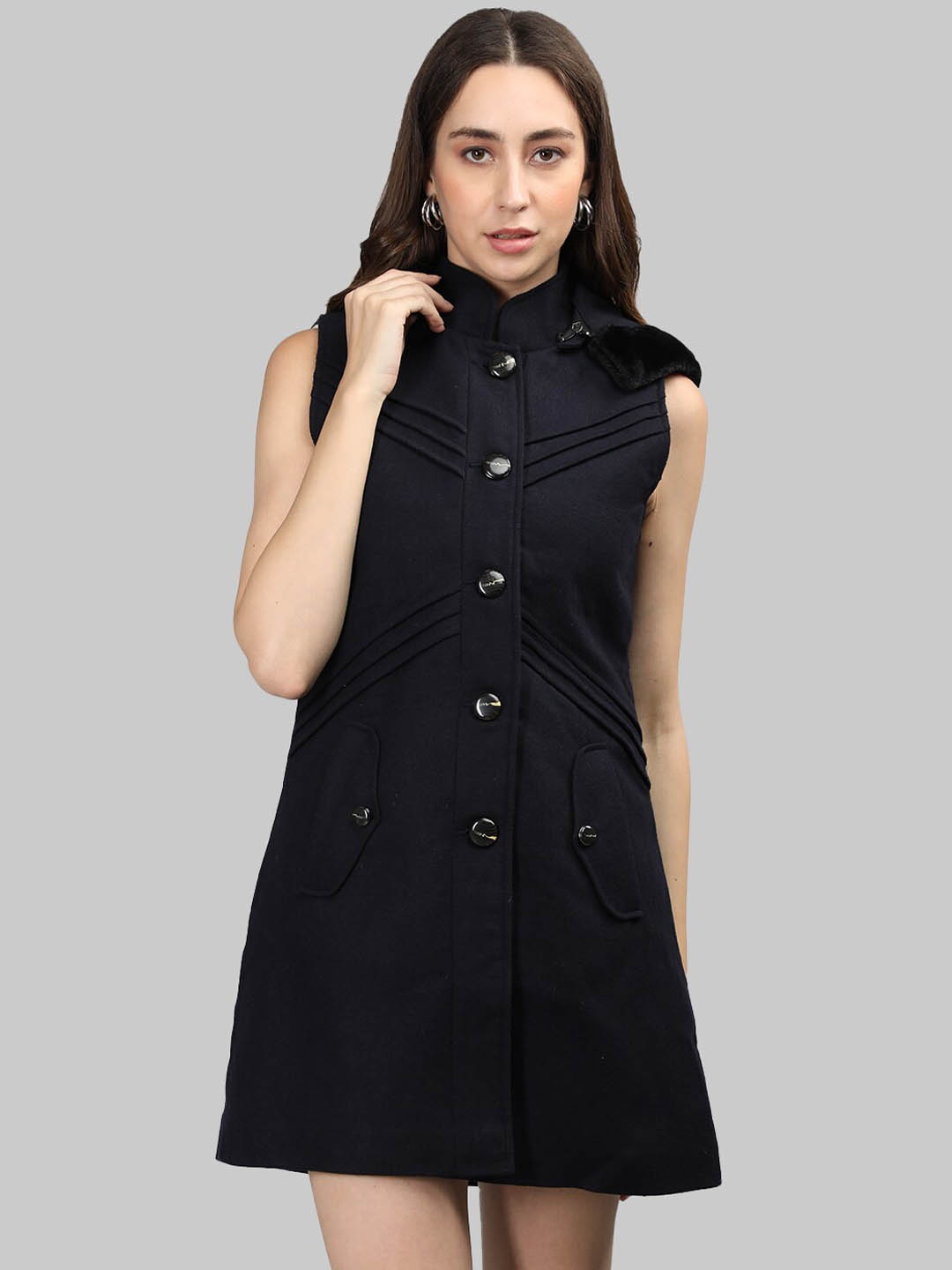 

LEBORK Hooded Single-Breasted Sleeveless Woolen Overcoat, Navy blue