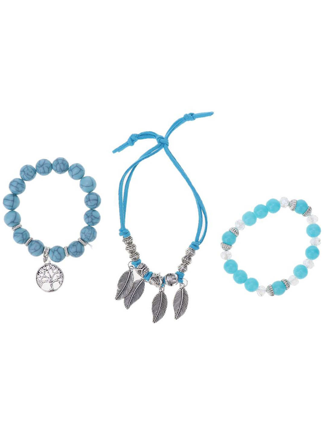 

Lyla Women Set Of 3 Leaf Beads Vintage Design Elasticated Bracelet, Blue
