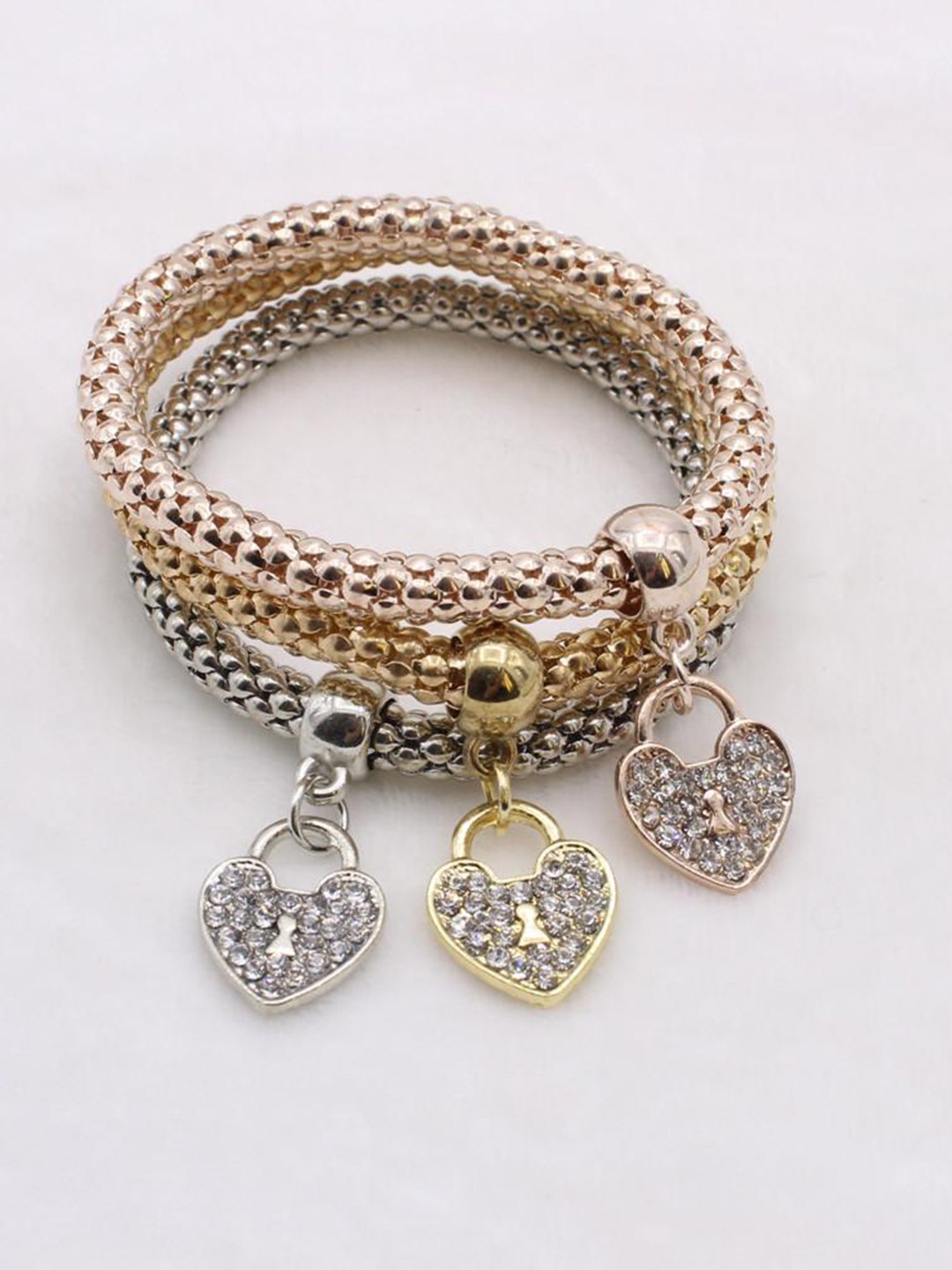 

Lyla Women Set Of 3 Heart Charms Cuff Bracelet, Rose gold