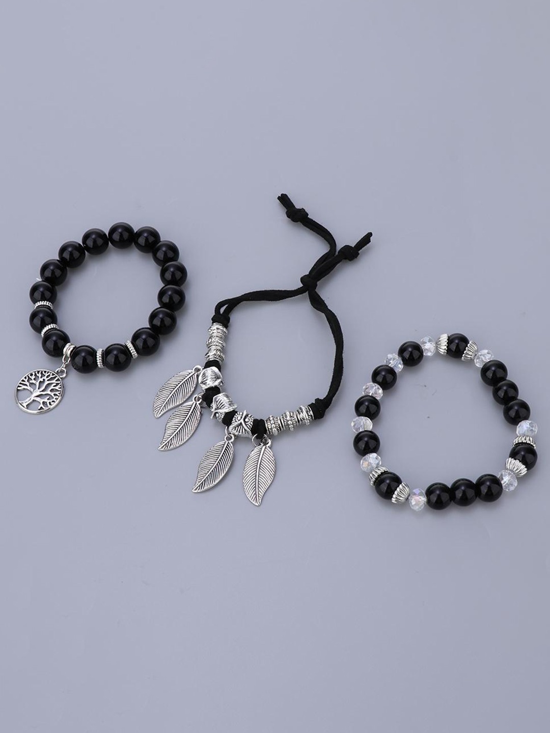 

Lyla Women Set Of 3 Leaf Beads Vintage Design Elasticated Bracelet, Black