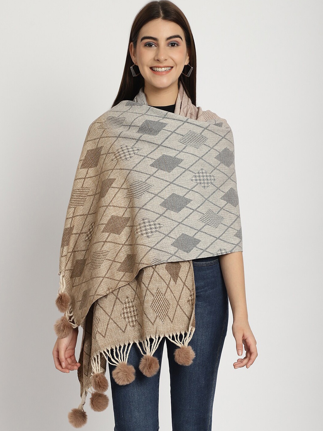 

LOOM LEGACY Woven Design With Pom Pom Acrylic Woollen Stole, Coffee brown