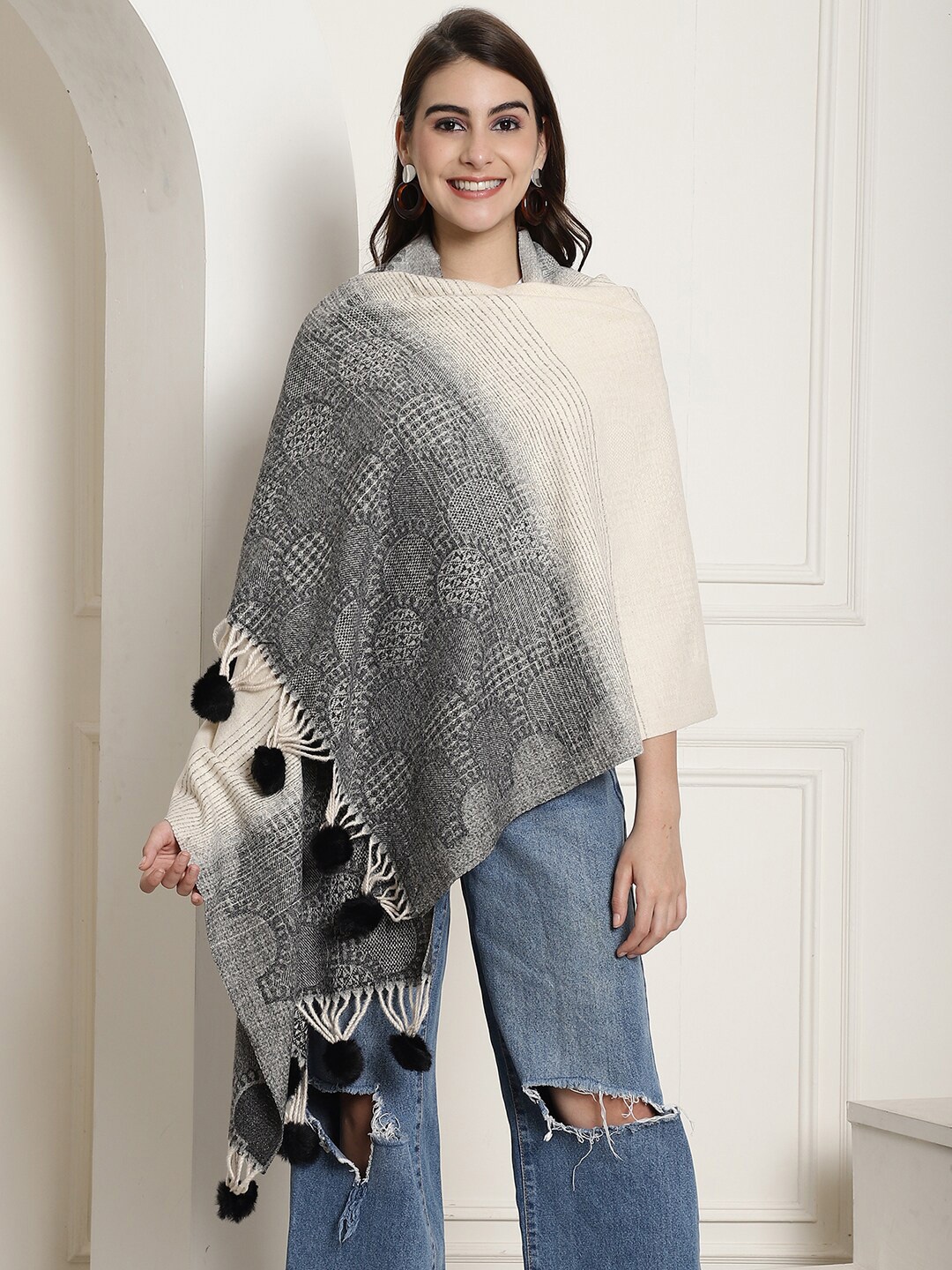 

LOOM LEGACY Woven Design With Pom Pom Acrylic Woollen Stole, Black