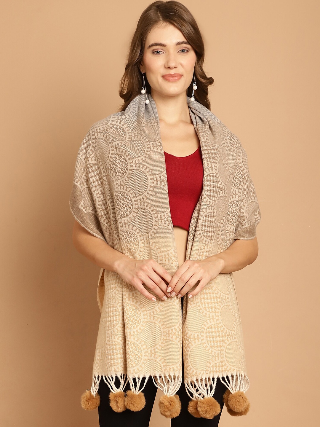 

LOOM LEGACY Woven Design Stole With Pom Pom, Gold