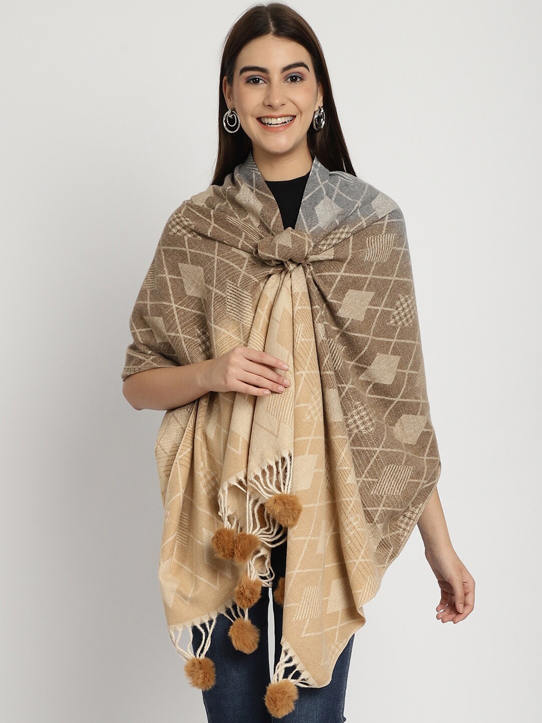 

LOOM LEGACY Geometric Woven Design Stole With Pom Pom Detail, Beige