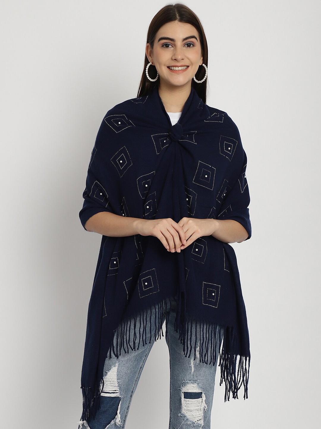 

LOOM LEGACY Embelished Woven Design Acrylic Woollen Stole, Navy blue