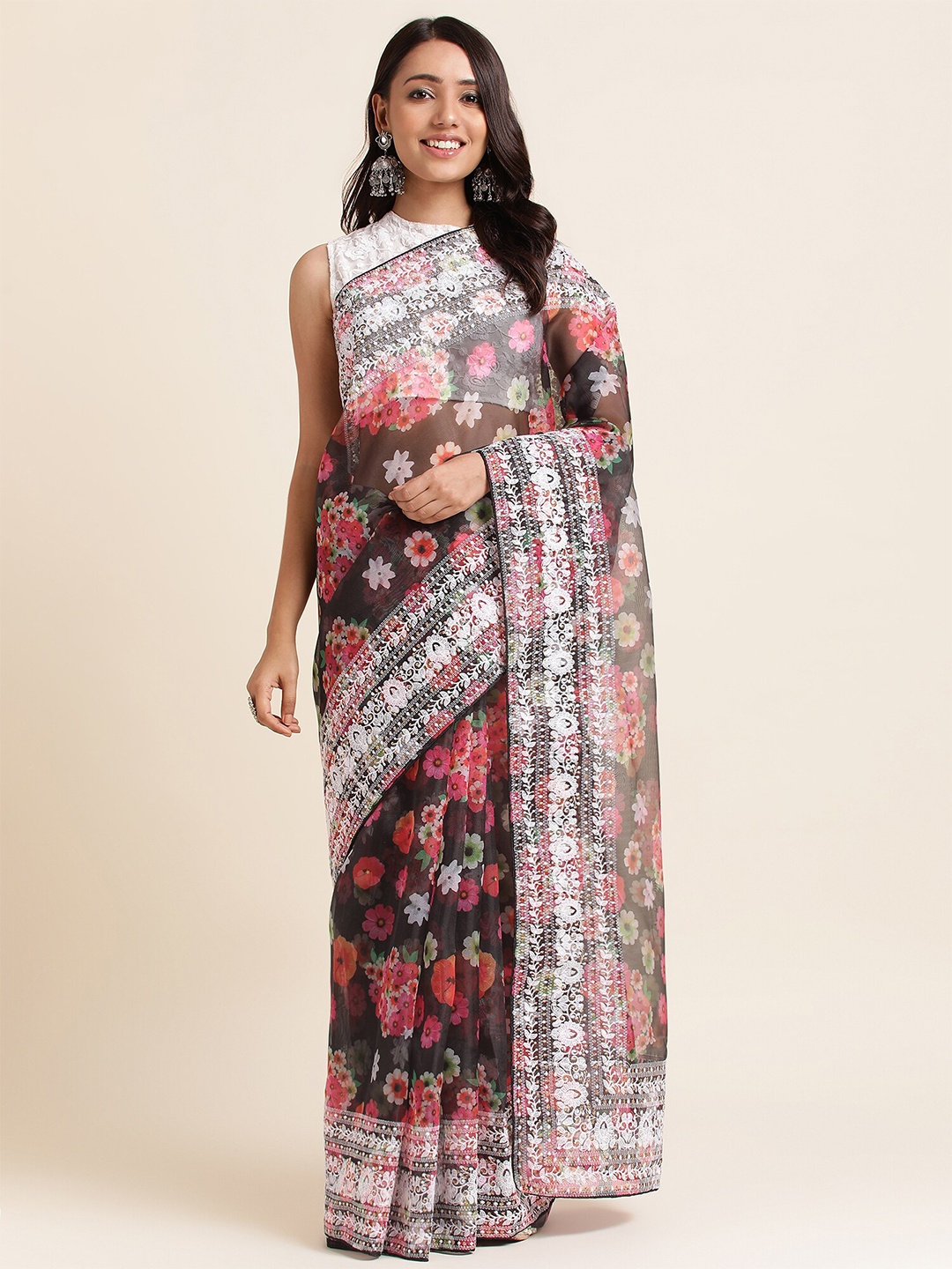 

FABMORA Floral Printed Embroidered Organza Saree, Black