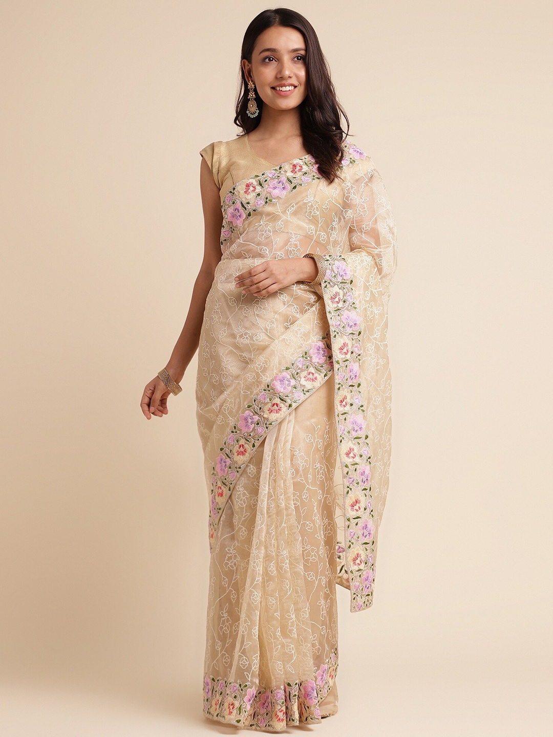 

FABMORA Floral Embroidered Organza Saree, Cream