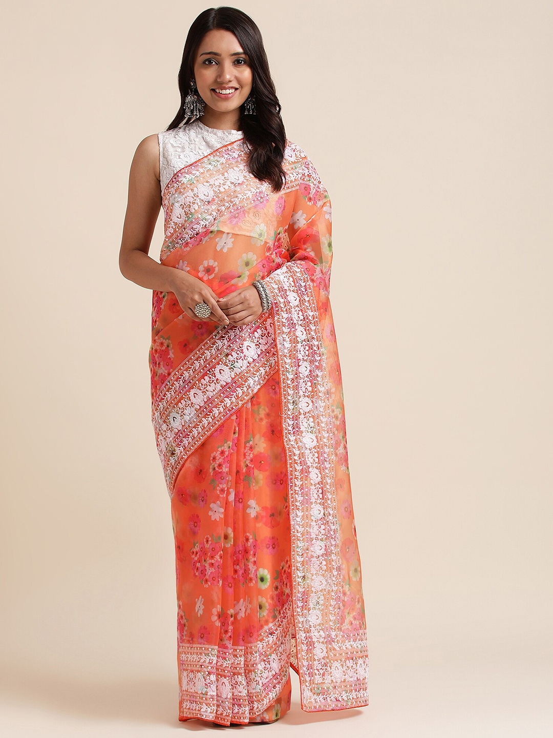 

FABMORA Floral Printed Embroidered Organza Saree, Orange