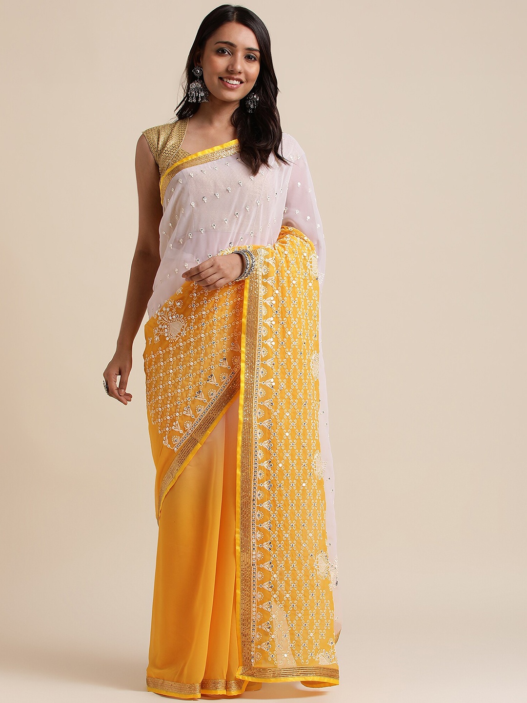 

FABMORA Ethnic Embroidered Sequined Pure Georgette Saree, Yellow