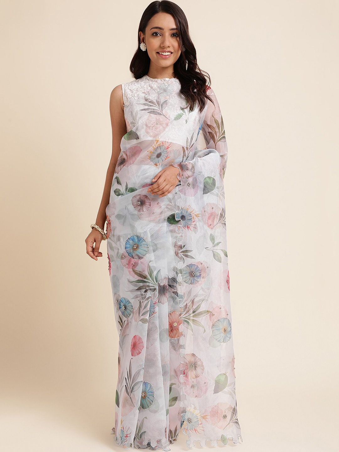 

FABMORA Floral Printed Beads & Stones Embroidered Organza Saree, Off white