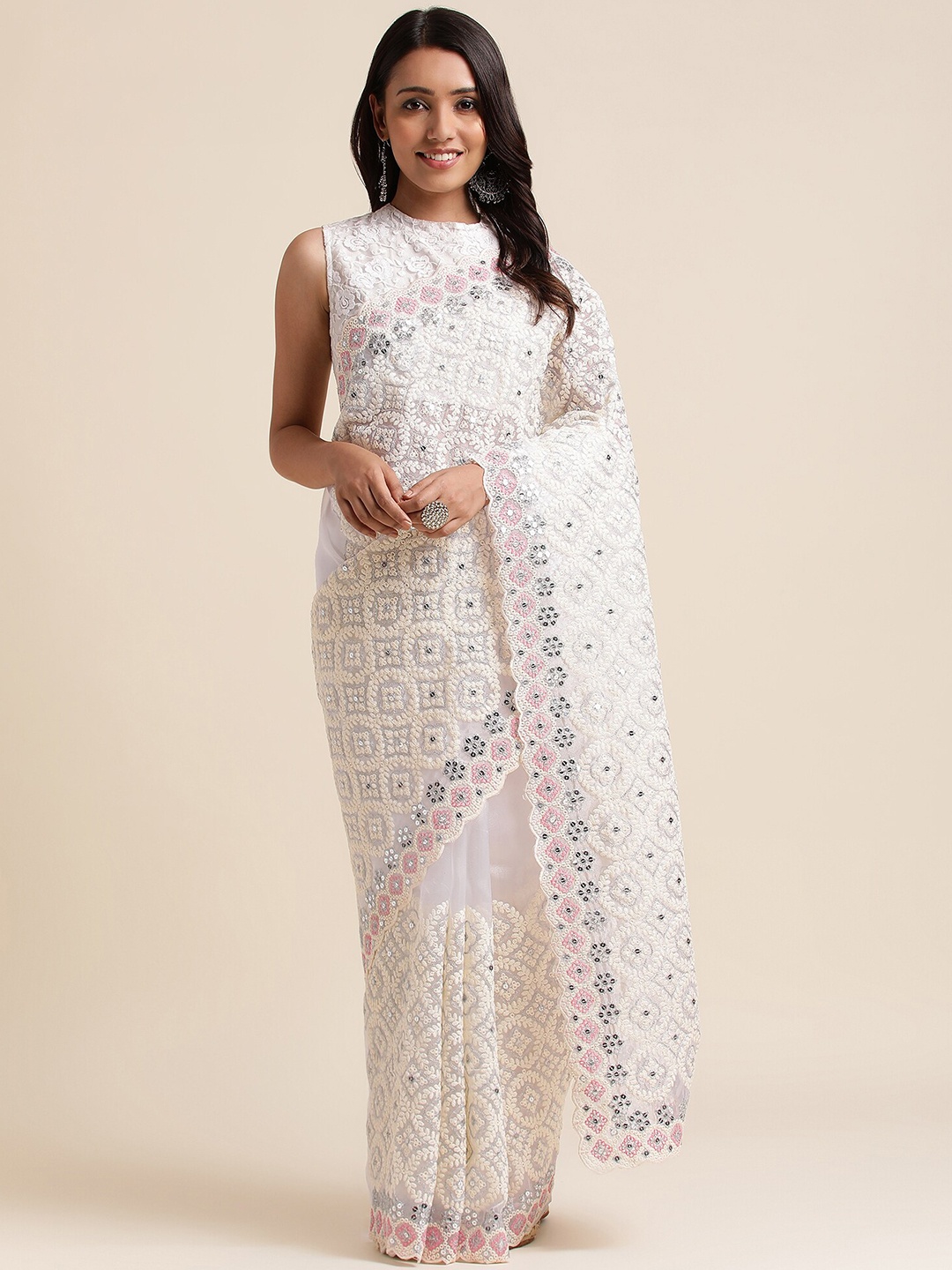 

FABMORA Ethnic Motifs Embroidered Organza Saree, White