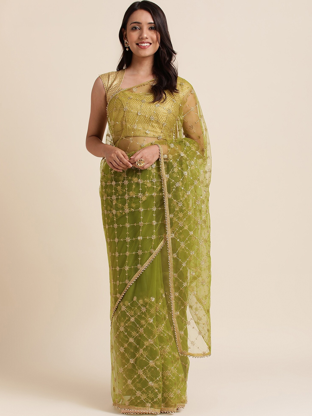 

FABMORA Ethnic Motifs Embroidered Net Saree, Green