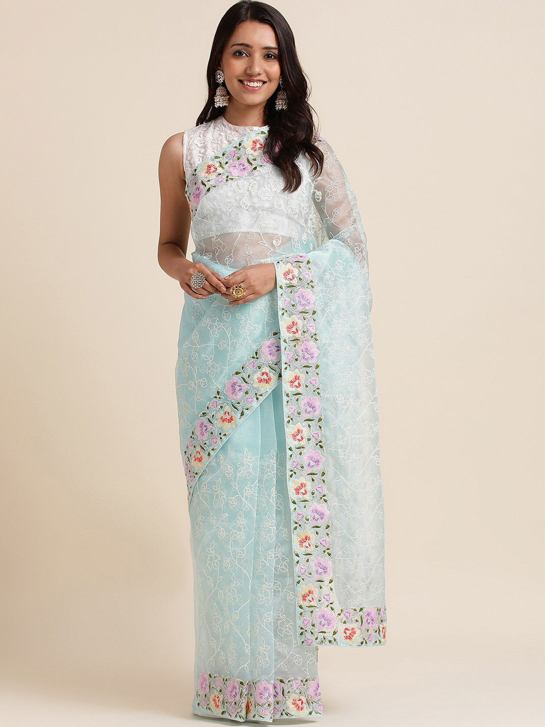 

FABMORA Ethnic Motifs Embroidered Organza Saree, Blue