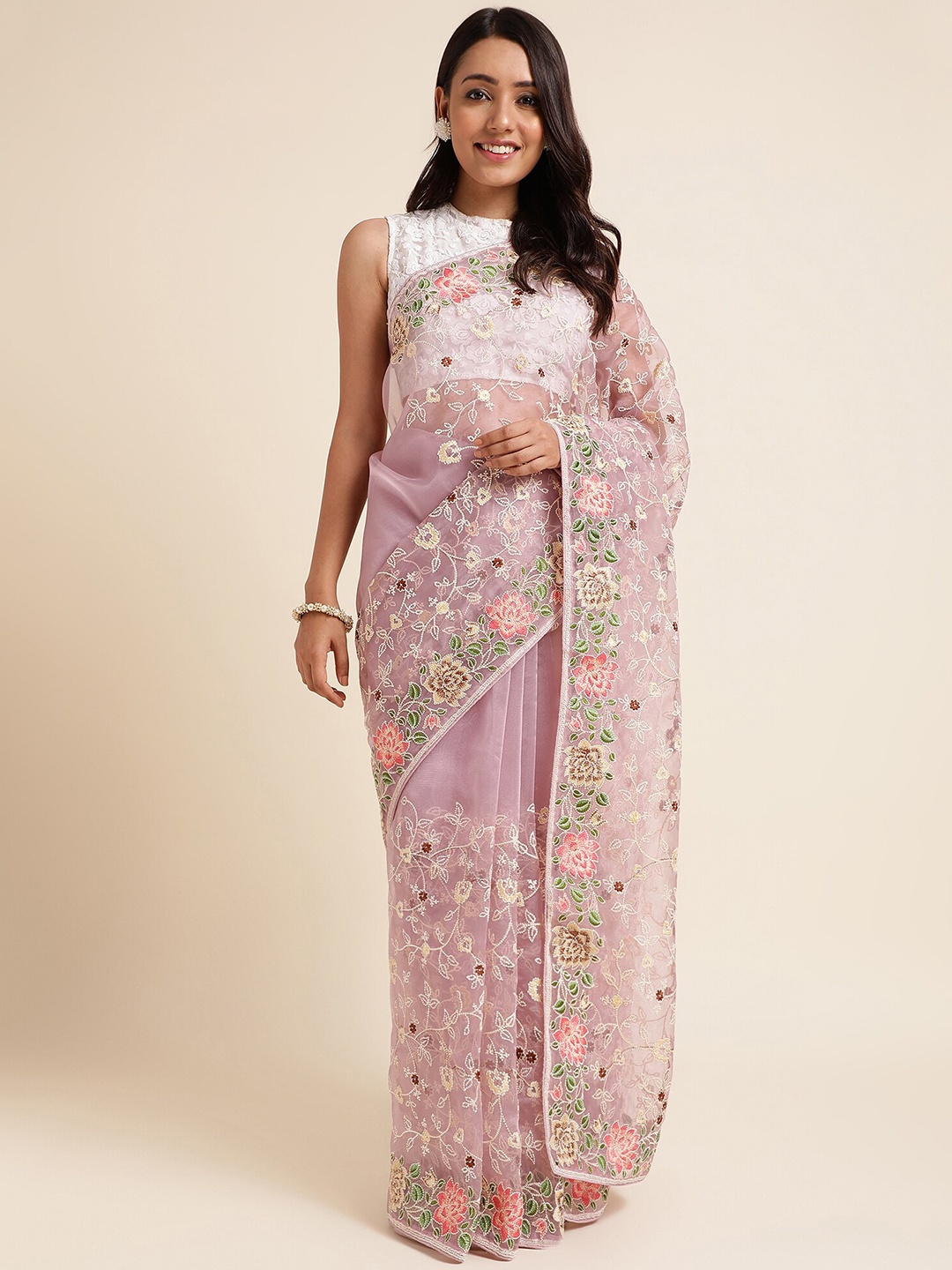 

FABMORA Floral Embroidered Organza Saree, Lavender