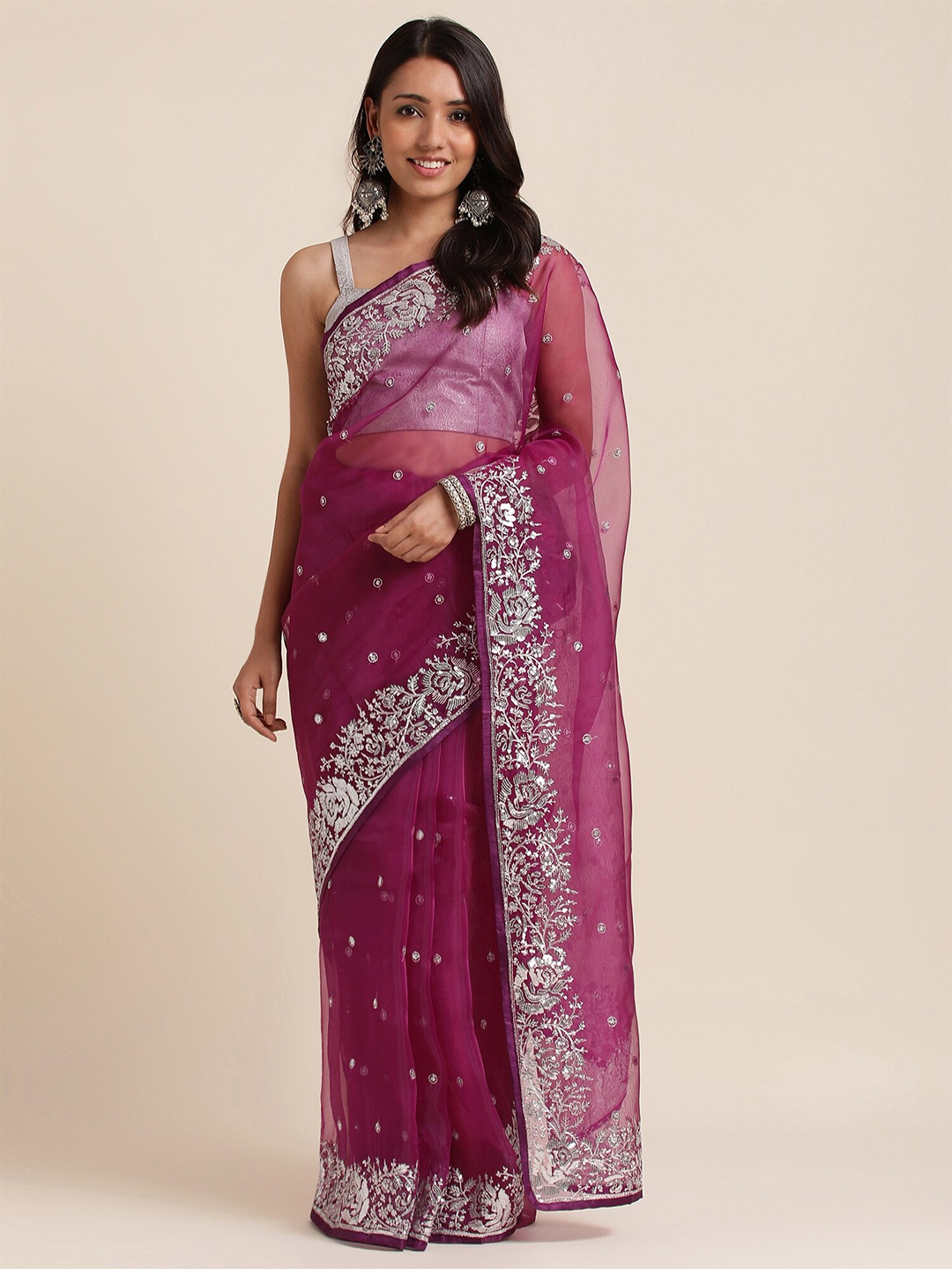 

FABMORA Floral Embroidered Organza Saree, Purple