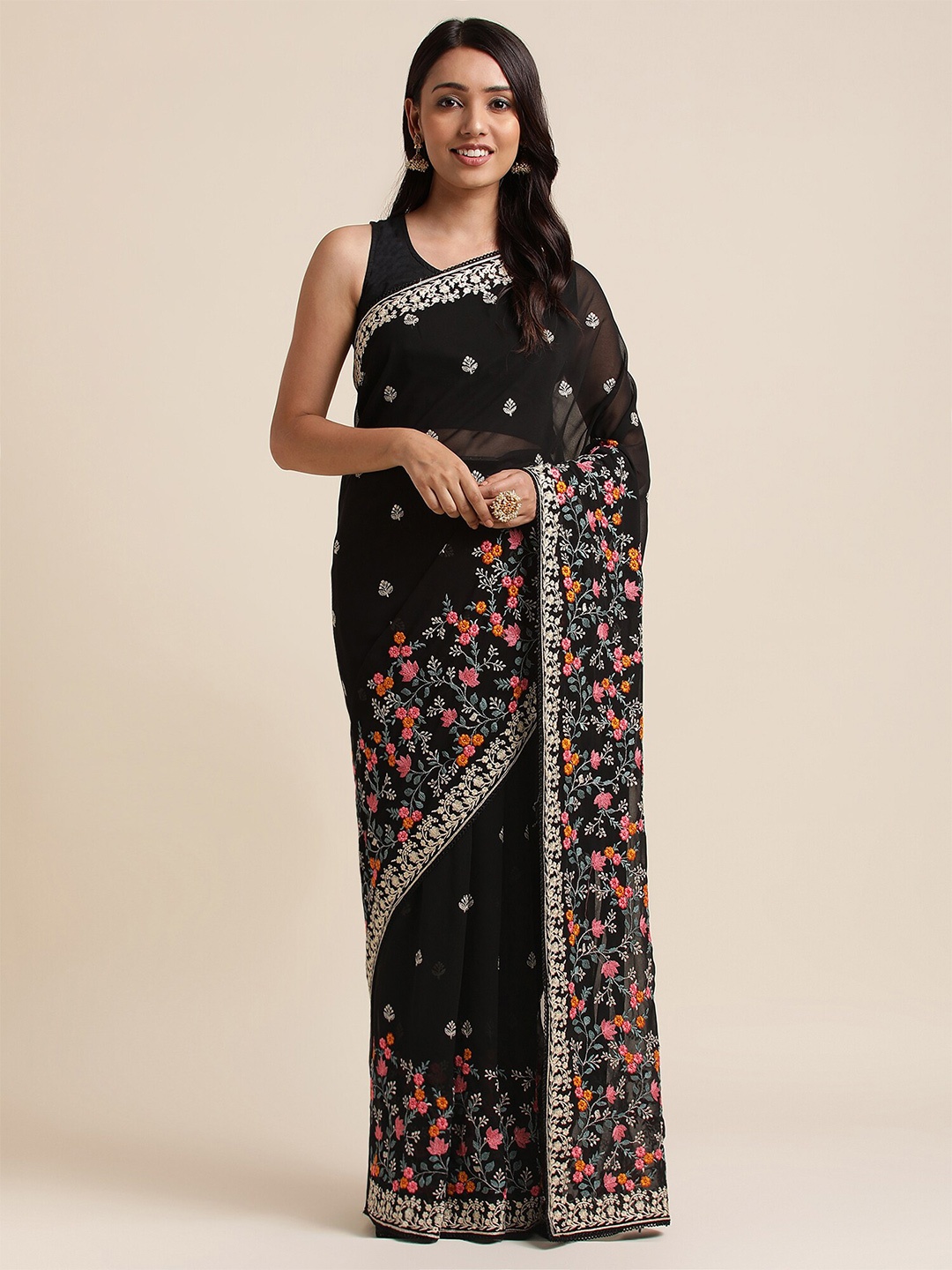

FABMORA Floral Embroidered Pure Georgette Saree, Black