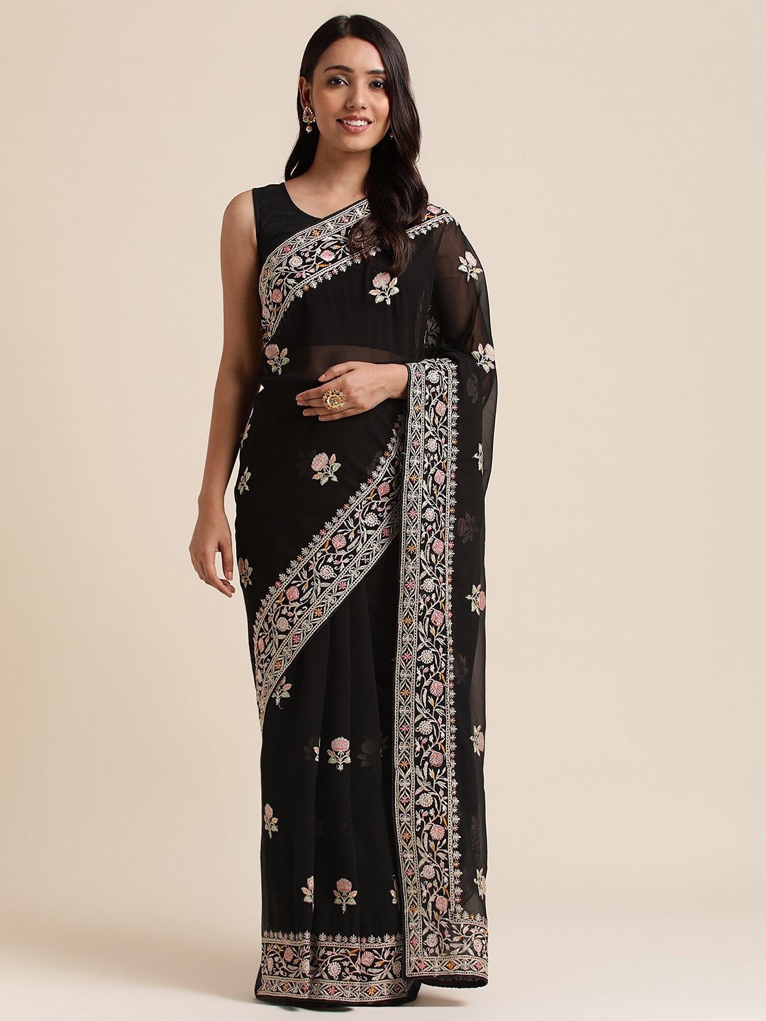 

FABMORA Floral Embroidered Organza Saree, Black